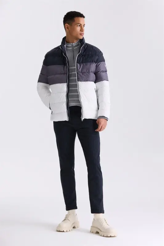 Lacivert Slim Fit Dik Yaka Kışlık Şişme Mont - 2