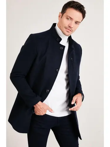 Lacivert Slim Fit Düğmeli Dik Yaka Kaşe Erkek Kaban 5840099-Lacivert - 1