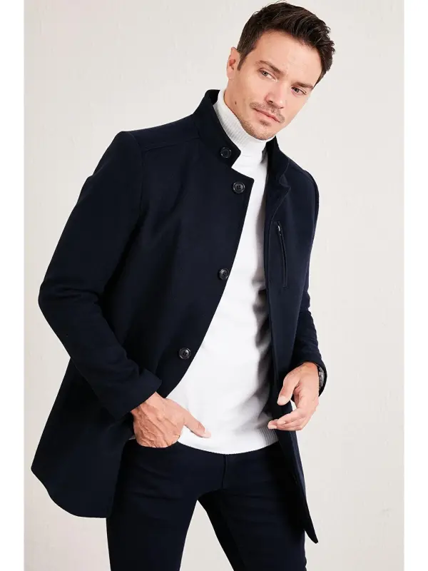 Lacivert Slim Fit Düğmeli Dik Yaka Kaşe Erkek Kaban 5840099-Lacivert - 1