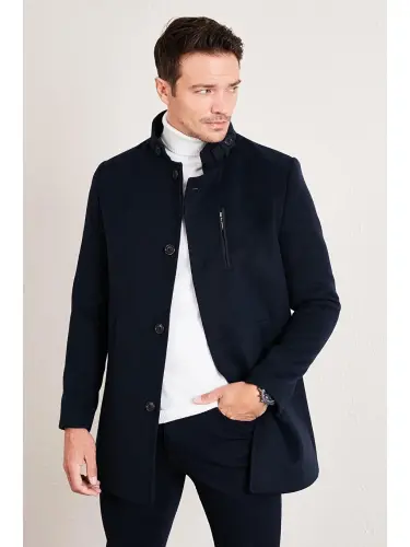 Lacivert Slim Fit Düğmeli Dik Yaka Kaşe Erkek Kaban 5840099-Lacivert - LC WAIKIKI (1)