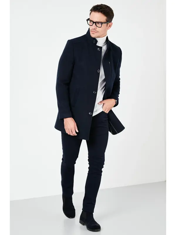 Lacivert Slim Fit Düğmeli Dik Yaka Kaşe Erkek Kaban 5840099-Lacivert - 4