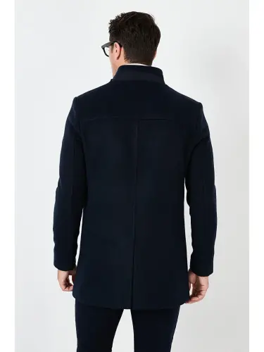 Lacivert Slim Fit Düğmeli Dik Yaka Kaşe Erkek Kaban 5840099-Lacivert - 5