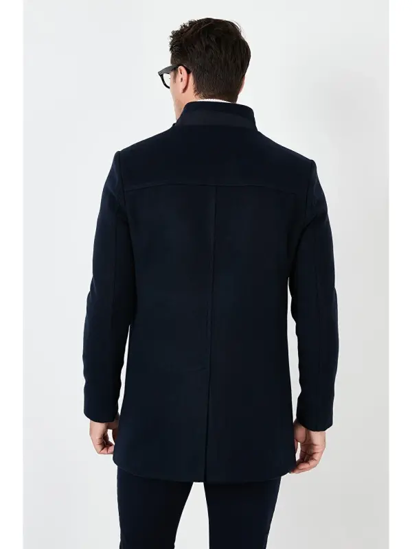 Lacivert Slim Fit Düğmeli Dik Yaka Kaşe Erkek Kaban 5840099-Lacivert - 5