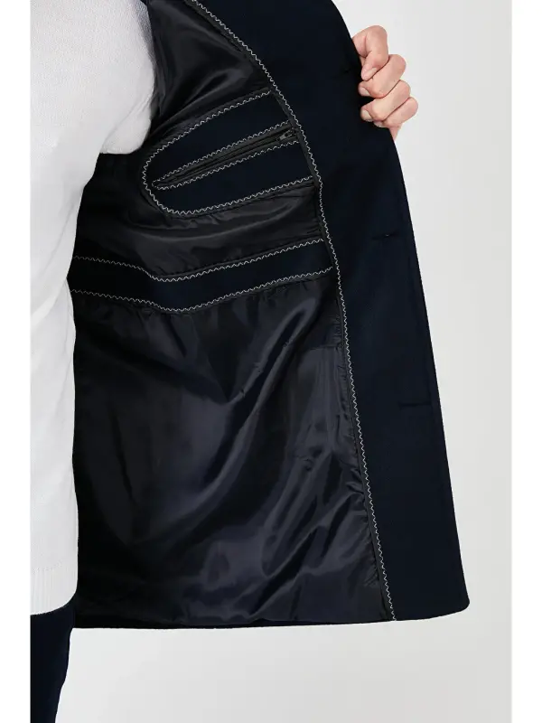 Lacivert Slim Fit Düğmeli Dik Yaka Kaşe Erkek Kaban 5840099-Lacivert - 6