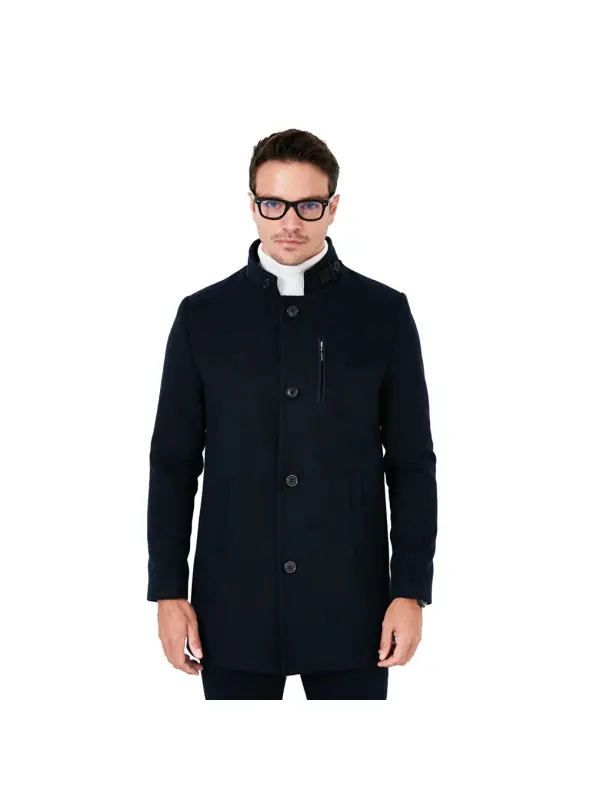 Lacivert Slim Fit Düğmeli Dik Yaka Kaşe Erkek Kaban 5840099-Lacivert - 7