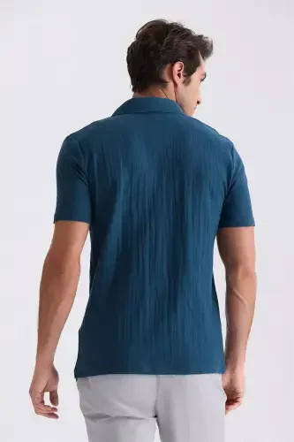Lacivert Slim Fit Düğmeli Gömlek Yaka T-Shirt - 4