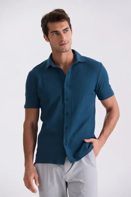 Lacivert Slim Fit Düğmeli Gömlek Yaka T-Shirt - JAKAMEN