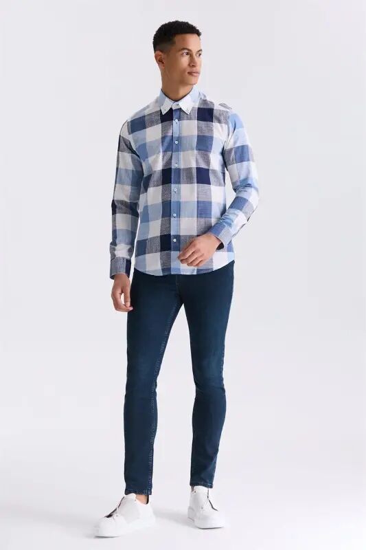 Lacivert Slim Fit Düğmeli Yaka Ekose Desenli Kareli %100 Pamuk Gömlek - 2