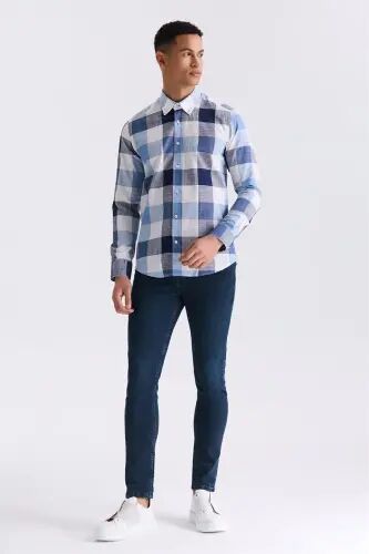 Lacivert Slim Fit Düğmeli Yaka Ekose Desenli Kareli %100 Pamuk Gömlek - Jakamen (1)