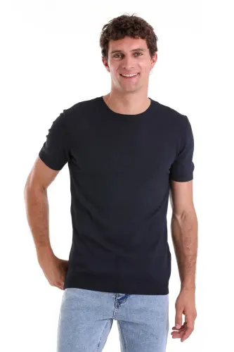 Lacivert Slim Fit Düz Bisiklet Yaka Rayon Triko Tişört - Lacivert 