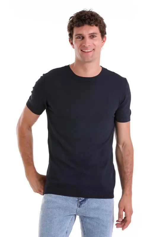 Lacivert Slim Fit Düz Bisiklet Yaka Rayon Triko Tişört - Lacivert - 1