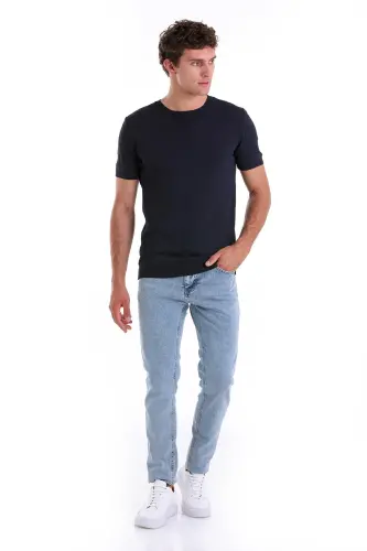 Lacivert Slim Fit Düz Bisiklet Yaka Rayon Triko Tişört - Lacivert - 2