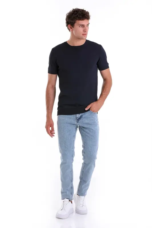 Lacivert Slim Fit Düz Bisiklet Yaka Rayon Triko Tişört - Lacivert - 2
