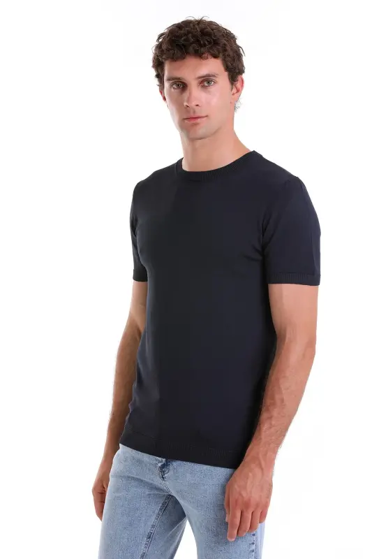 Lacivert Slim Fit Düz Bisiklet Yaka Rayon Triko Tişört - Lacivert - 3
