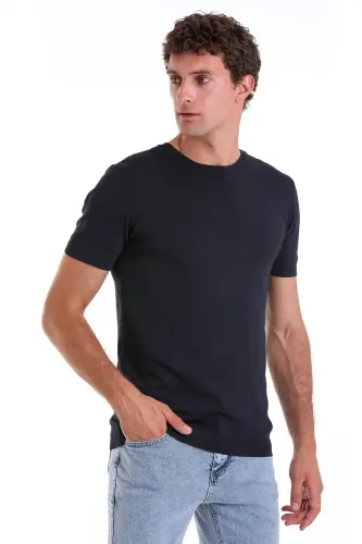 Lacivert Slim Fit Düz Bisiklet Yaka Rayon Triko Tişört - Lacivert - 4