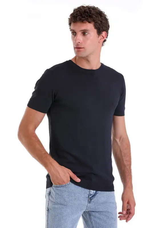 Lacivert Slim Fit Düz Bisiklet Yaka Rayon Triko Tişört - Lacivert - 4