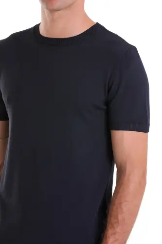 Lacivert Slim Fit Düz Bisiklet Yaka Rayon Triko Tişört - Lacivert - 5