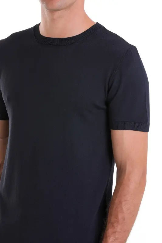 Lacivert Slim Fit Düz Bisiklet Yaka Rayon Triko Tişört - Lacivert - 5