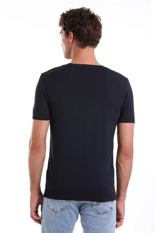 Lacivert Slim Fit Düz Bisiklet Yaka Rayon Triko Tişört - Lacivert - 6