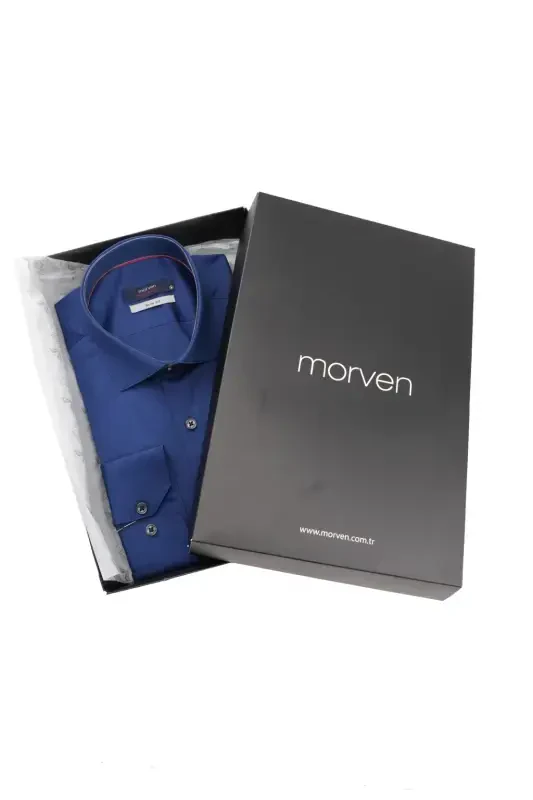Lacivert Slim Fit Düz Sert Yaka Kolay Ütülenebilen HEDİYE KUTULU Uzun Kollu Erkek Gömlek - 1