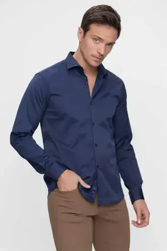 Lacivert Slim Fit Düz Sert Yaka Kolay Ütülenebilen HEDİYE KUTULU Uzun Kollu Erkek Gömlek - 2