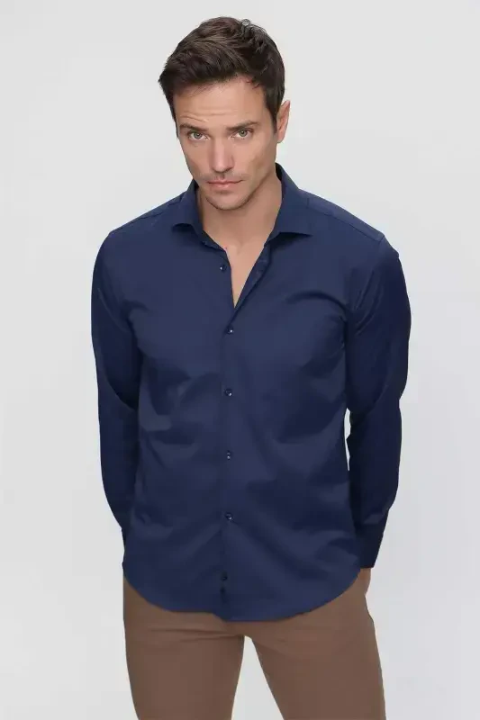 Lacivert Slim Fit Düz Sert Yaka Kolay Ütülenebilen HEDİYE KUTULU Uzun Kollu Erkek Gömlek - 5