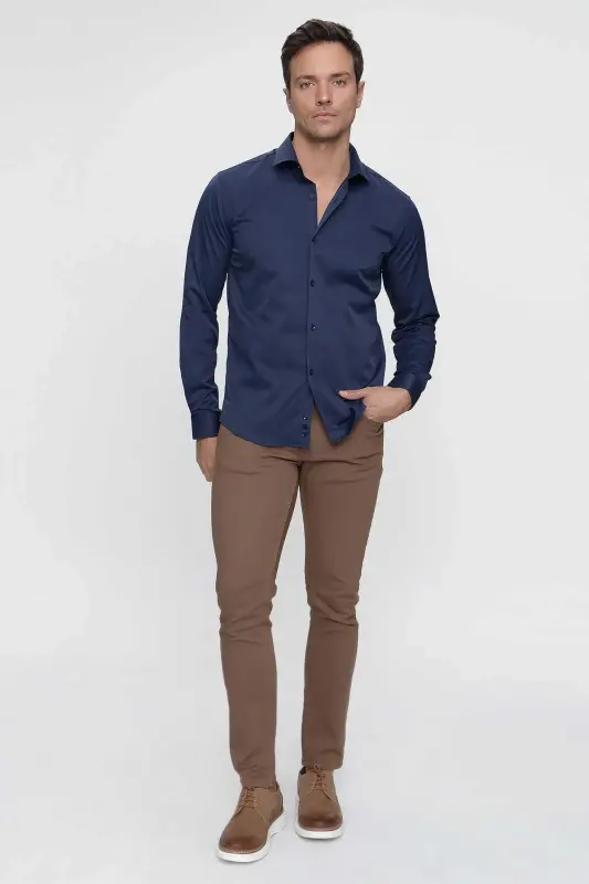 Lacivert Slim Fit Düz Sert Yaka Kolay Ütülenebilen HEDİYE KUTULU Uzun Kollu Erkek Gömlek - 4