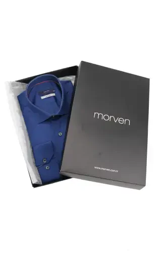 Lacivert Slim Fit Düz Sert Yaka Oson dazmollanadigan SOVG'A QUTISI Uzun qisma Erkaklar ko'ylagi 