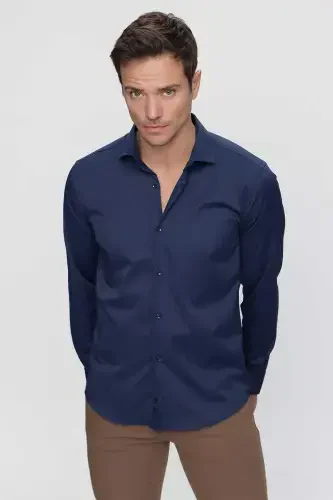 Lacivert Slim Fit Düz Sert Yaka Oson dazmollanadigan SOVG'A QUTISI Uzun qisma Erkaklar ko'ylagi - 5