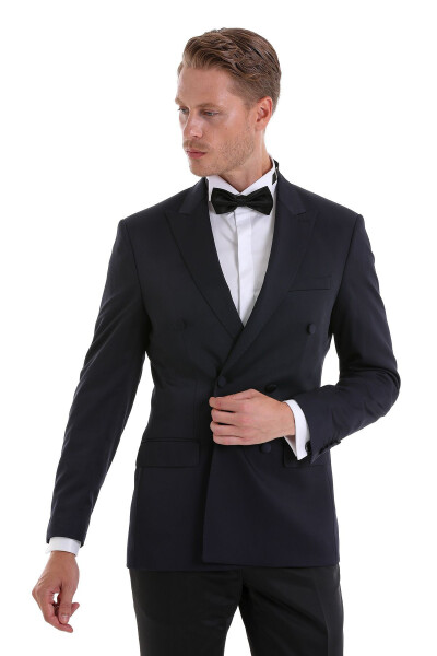 Lacivert Slim Fit Düz Sivri Yaka Klasik Kruvaze Smokin Damatlık - Lacivert - 3