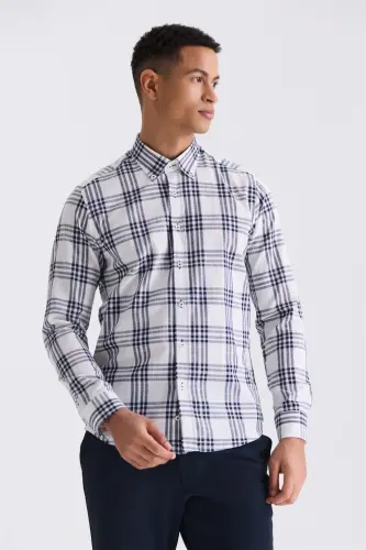 Lacivert Slim Fit Ekoseli 100% Paxta Ko'ylak - 1