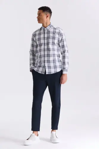 Lacivert Slim Fit Ekoseli 100% Paxta Ko'ylak - JAKAMEN (1)