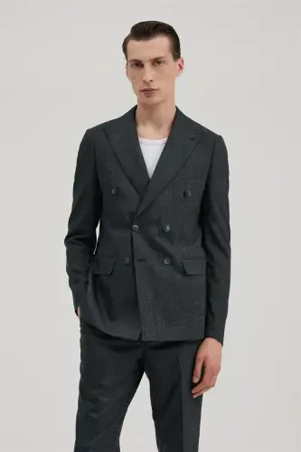 Lacivert Slim Fit Ekoseli Kruvaze Takım Elbise - JAKAMEN (1)