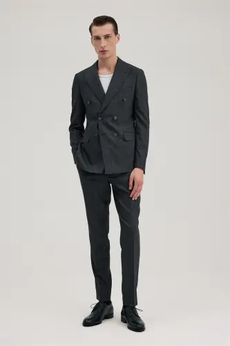 Lacivert Slim Fit Ekoseli Kruvaze Takım Elbise - 1