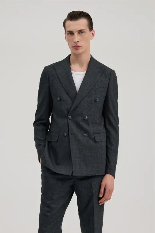 Lacivert Slim Fit Ekoseli Kruvaze Takım Elbise - 2