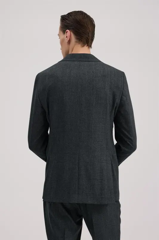 Lacivert Slim Fit Ekoseli Kruvaze Takım Elbise - 4