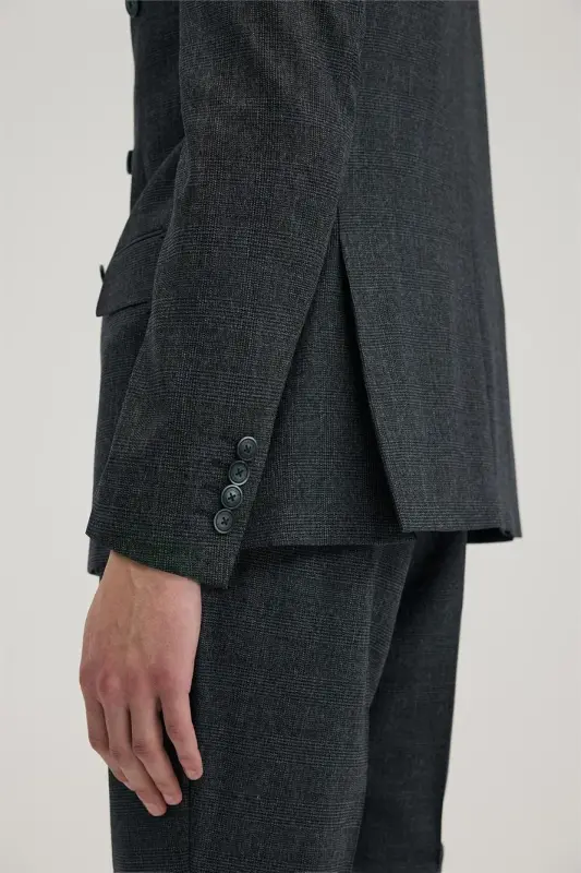 Lacivert Slim Fit Ekoseli Kruvaze Takım Elbise - 5