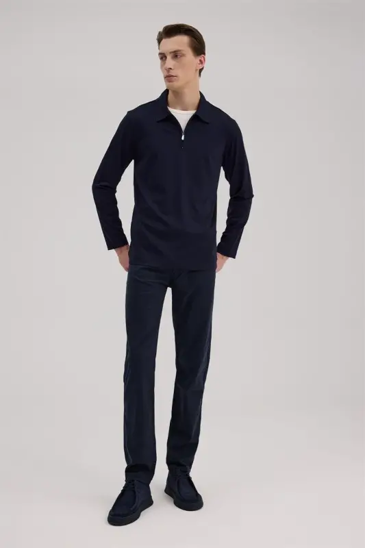 Lacivert Slim Fit Fermuarlı Polo Yaka Sweatshirt - 1