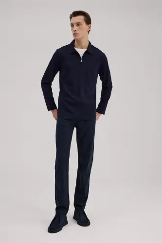 Lacivert Slim Fit Fermuarlı Polo Yoqali Sviter 