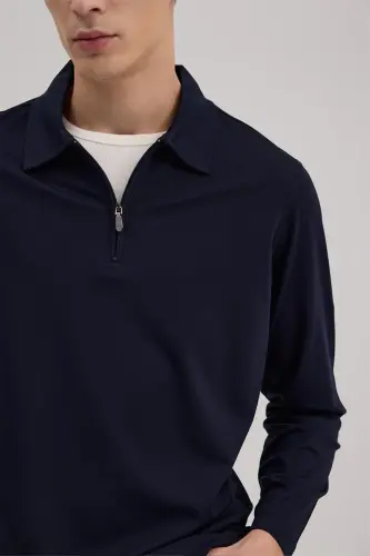 Lacivert Slim Fit Fermuarlı Polo Yoqali Sviter - 3