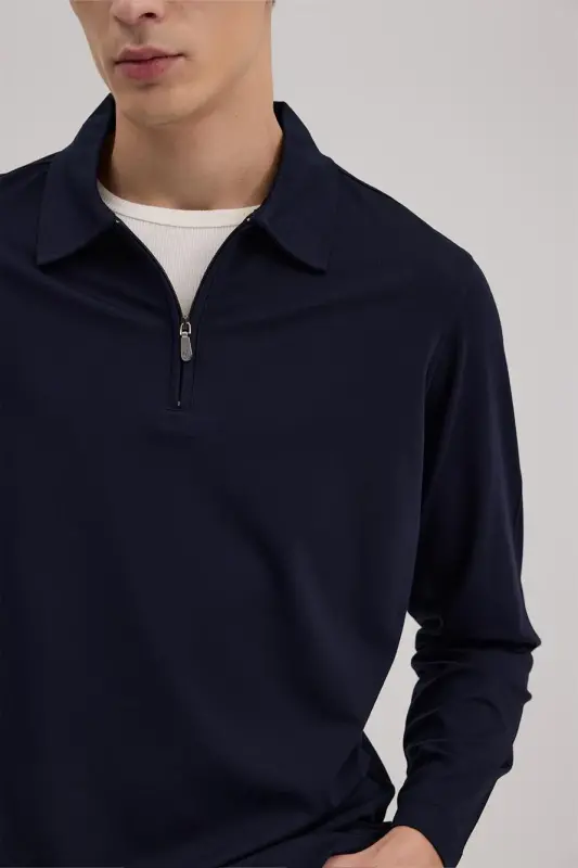 Lacivert Slim Fit Fermuarlı Polo Yoqali Sviter - 3