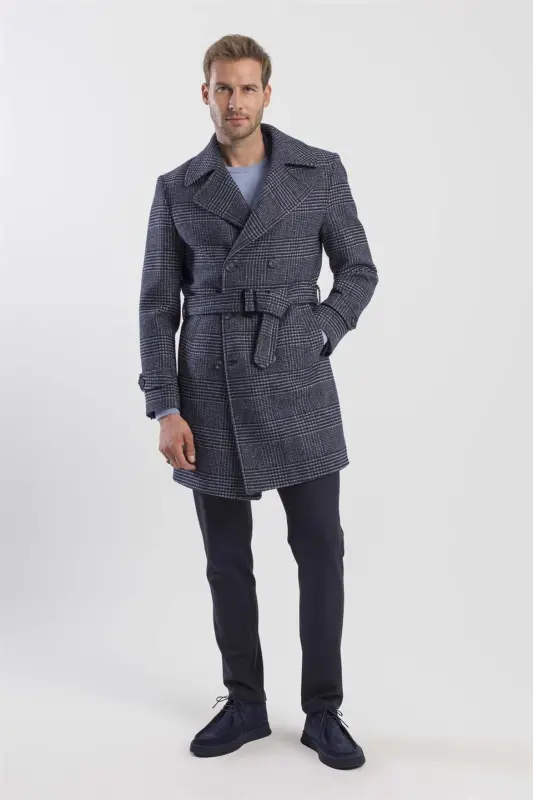Lacivert Slim Fit Gemici Yaka Ekoseli Yünlü Kaban - 1