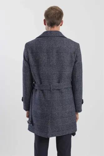 Lacivert Slim Fit Gemici Yaka Ekoseli Yünlü Kaban - 4