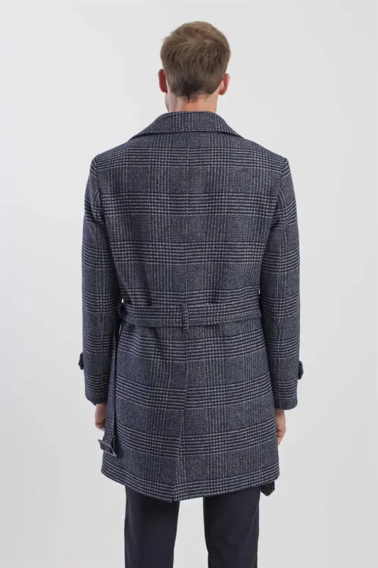 Lacivert Slim Fit Gemici Yaka Ekoseli Yünlü Kaban - 4