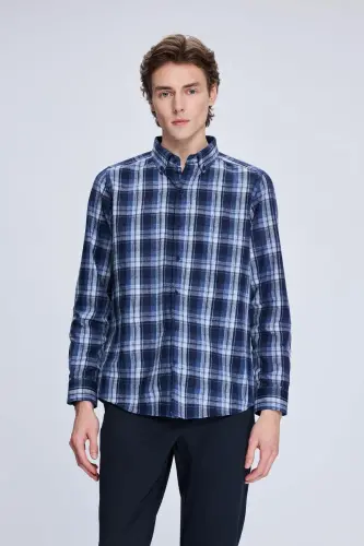 Lacivert Slim Fit Kareli Düğmeli Yaka Uzun Kollu Pamuklu Gömlek-Lacivert - 1