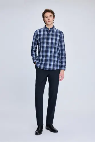 Lacivert Slim Fit Kareli Düğmeli Yaka Uzun Kollu Pamuklu Gömlek-Lacivert - 2