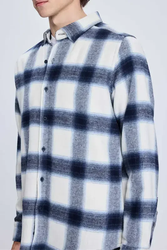 Lacivert Slim Fit Kareli Düğmeli Yaka Uzun Kollu Pamuklu Gömlek-Lacivert - 4