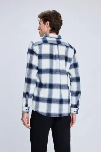 Lacivert Slim Fit Kareli Düğmeli Yaka Uzun Kollu Pamuklu Gömlek-Lacivert - 5