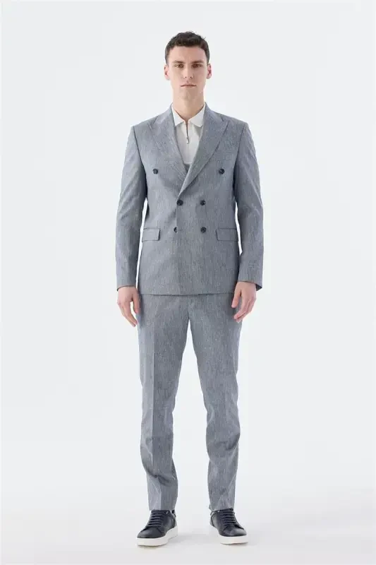 Lacivert Slim Fit Keten Karışımlı Kruvaze Takım Elbise - 1