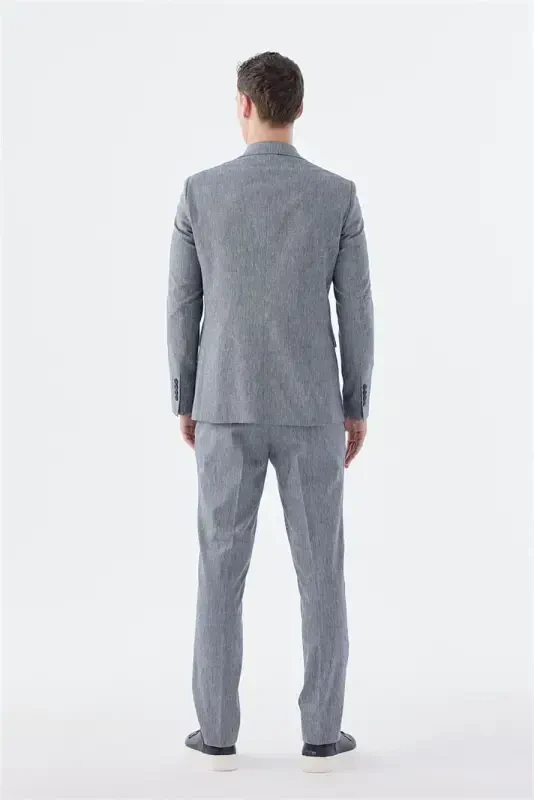 Lacivert Slim Fit Keten Karışımlı Kruvaze Takım Elbise - 4